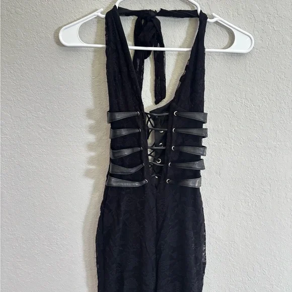 Black Halter Lace-Up Evening Jumpsuit - Picture 3 of 4